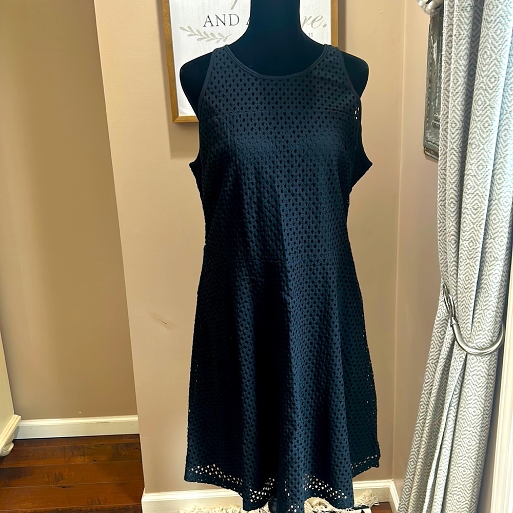 Black dress, fitted and flared, size large.
